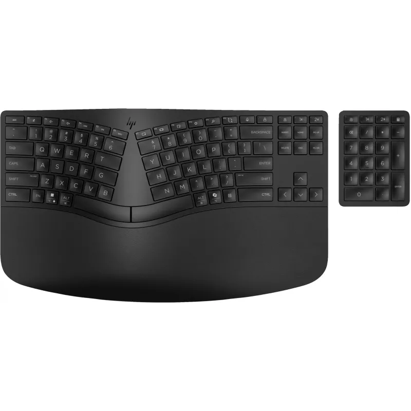 HP 965 Ergonomic Wireless Keyboard, Full-size (100%), Wireless, RF Wireless + Bluetooth, Membrane, QWERTY, Black