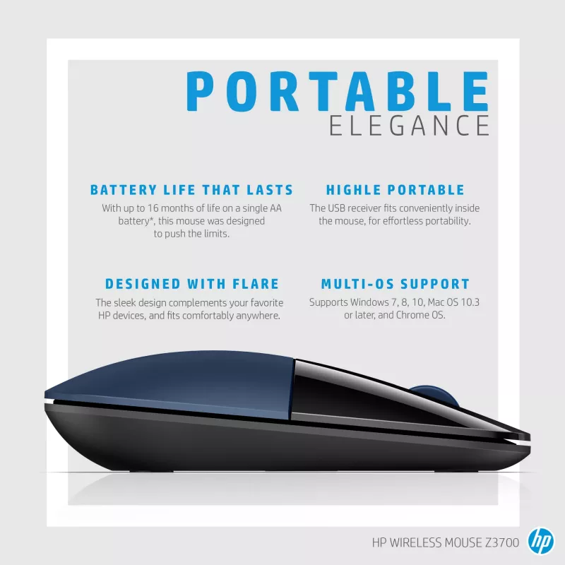 HP Wireless Mouse Z3700, Ambidextrous, Blue LED, RF Wireless, 1200 DPI, Black, Blue