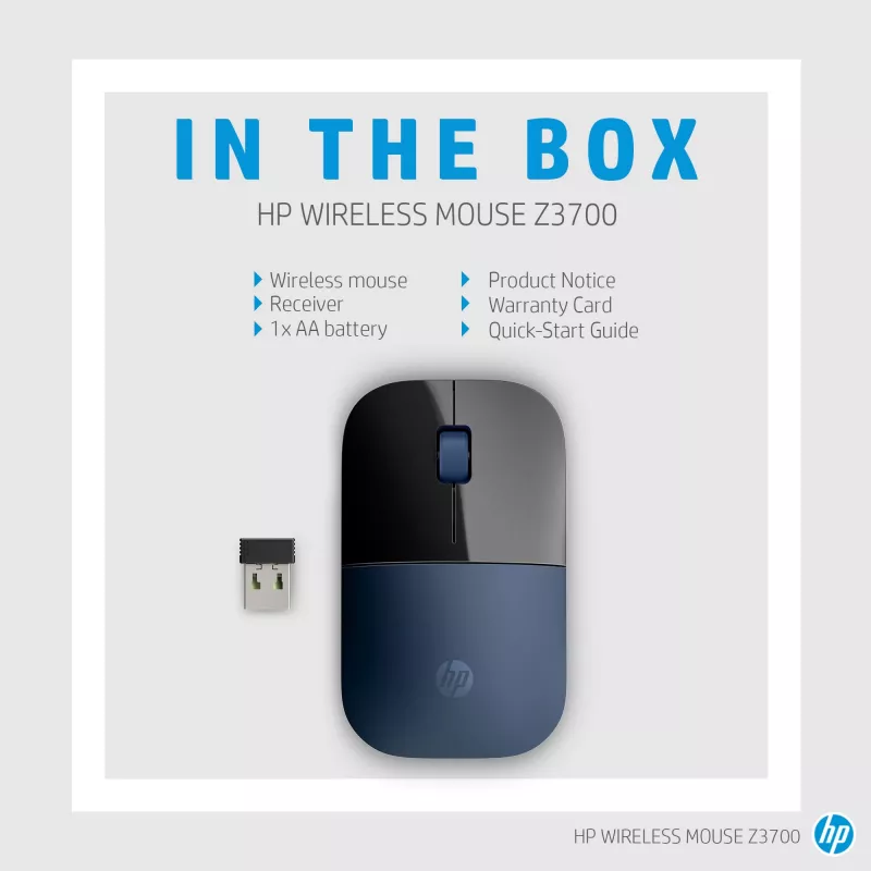 HP Wireless Mouse Z3700, Ambidextrous, Blue LED, RF Wireless, 1200 DPI, Black, Blue