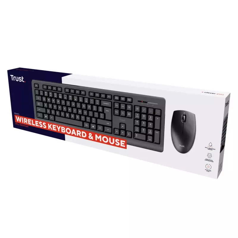 Wireless Keyboard and Mouse Set TRUST Primo — Full-size QWERTY US English Keyboard, RF USB-A Receiver, 1200 DPI Optical Mouse, Black