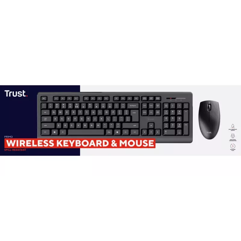 Wireless Keyboard and Mouse Set TRUST Primo — Full-size QWERTY US English Keyboard, RF USB-A Receiver, 1200 DPI Optical Mouse, Black