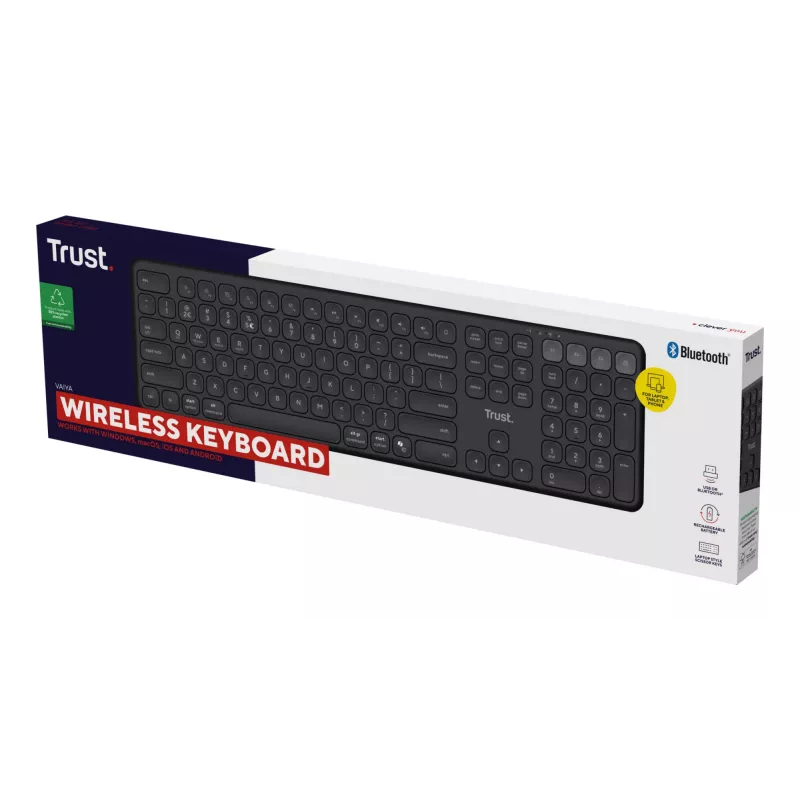 Keyboard TRUST Vaiya Universal USB RF Wireless Bluetooth — Full-size US English, USB-C charging, Scissor keys, Numeric keypad, Black