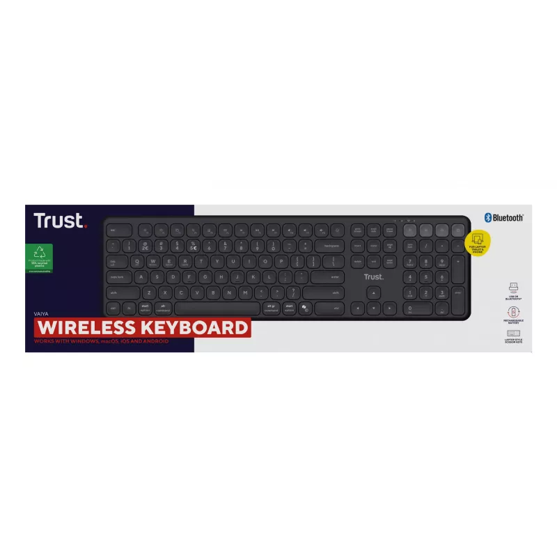 Keyboard TRUST Vaiya Universal USB RF Wireless Bluetooth — Full-size US English, USB-C charging, Scissor keys, Numeric keypad, Black