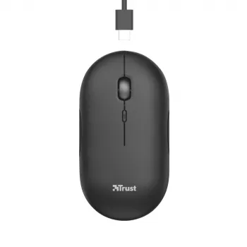 Trust Puck Rechargeable Wireless Ultra-Thin Mouse, Ambidextrous, Optical, RF Wireless + Bluetooth, 1600 DPI, Black