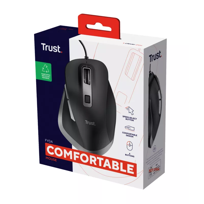 Trust Fyda Wired mouse, Right-hand, Optical, USB Type-A, 5000 DPI, Black
