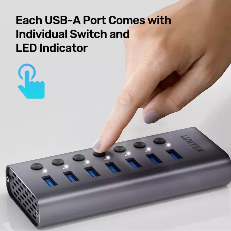 USB Type-C hub Unitek H1314A01-EU — 7× USB 3.2 Gen1 Type-A, SD card reader, Gigabit Ethernet, 4K@60Hz, 100W PD, aluminium, grey