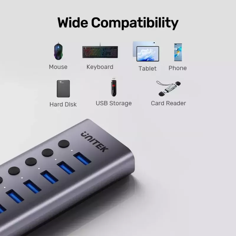 USB Type-C hub Unitek H1314A01-EU — 7× USB 3.2 Gen1 Type-A, SD card reader, Gigabit Ethernet, 4K@60Hz, 100W PD, aluminium, grey