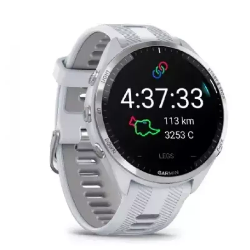 Smartwatch GARMIN Forerunner 965 — 47 mm titanium case, 1.4 inch AMOLED, 32 GB, 23-day battery, GPS/GLONASS/Galileo, white silicone band