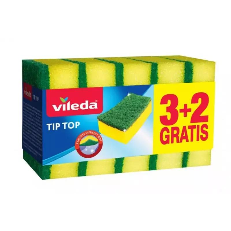 Sponge scourer VILEDA Tip-Top pack of 5, rectangular fibre pads 70×90×30 mm, yellow