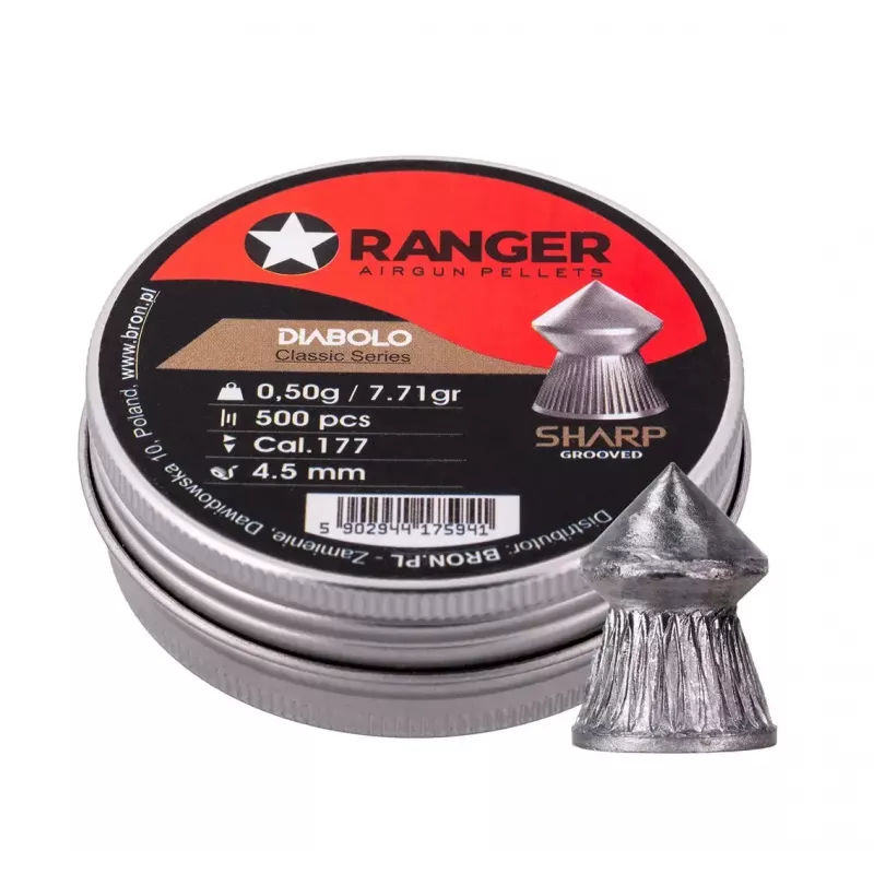 Airgun pellets RANGER CLAS03.45.500 — 4.5 mm diabolo, sharp grooved point, 500 pcs in aluminum dispenser