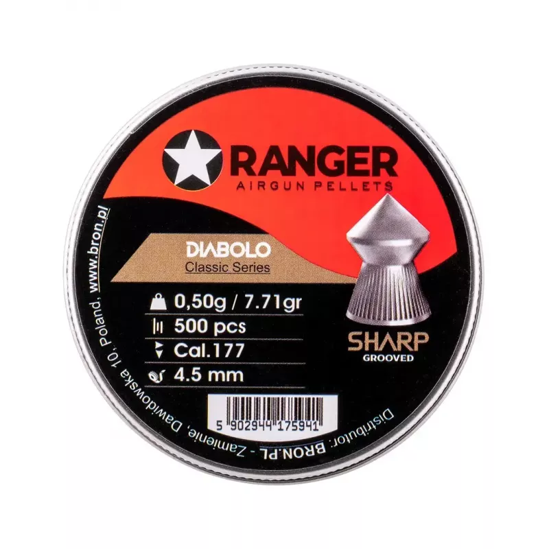 Airgun pellets RANGER CLAS03.45.500 — 4.5 mm diabolo, sharp grooved point, 500 pcs in aluminum dispenser