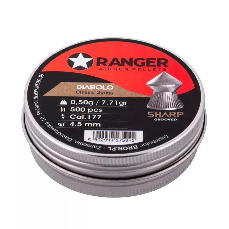 Airgun pellets RANGER CLAS03.45.500 — 4.5 mm diabolo, sharp grooved point, 500 pcs in aluminum dispenser