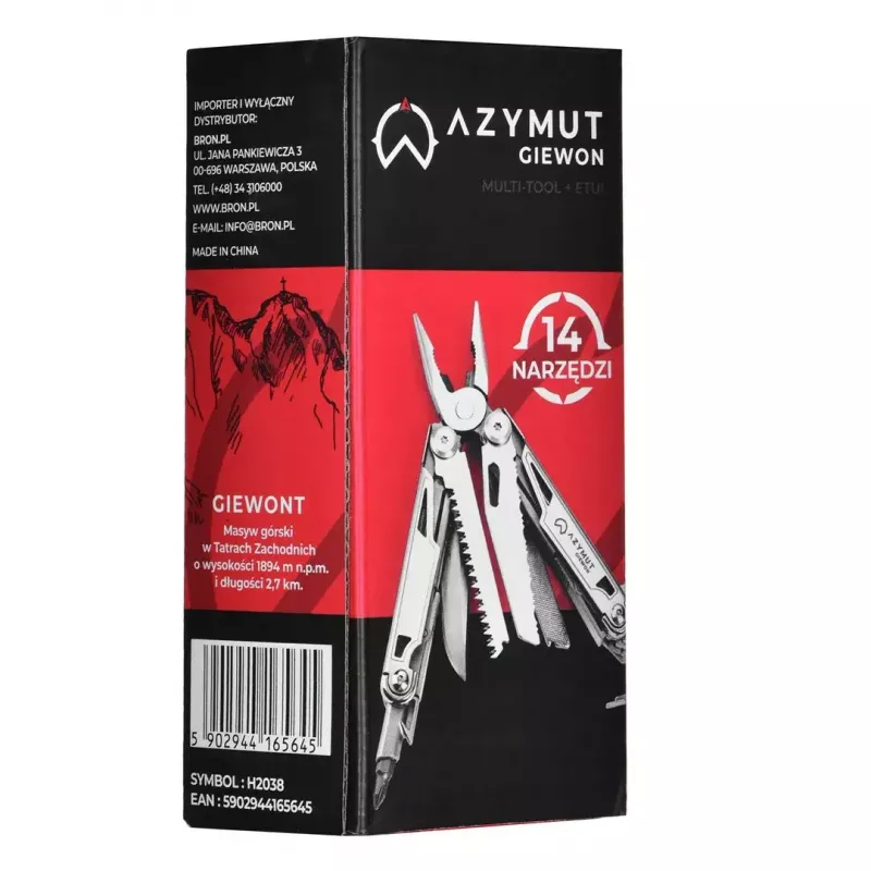Multitool AZYMUT H2038 full-size multitool — 14 tools, 16.2 cm open, 10.1 cm folded, 264 g, 420/7CR13 steel, leather holster