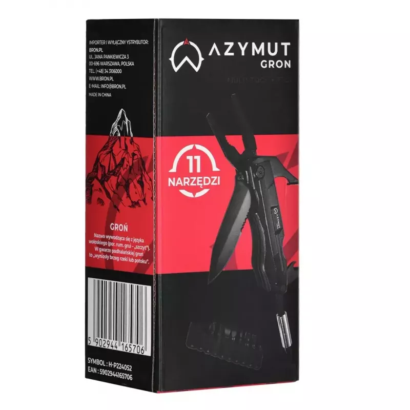 Multitool AZYMUT Gron — full-size multi-tool, 11 tools, 9 bits, stainless steel, folded 11 cm, extended 15.4 cm