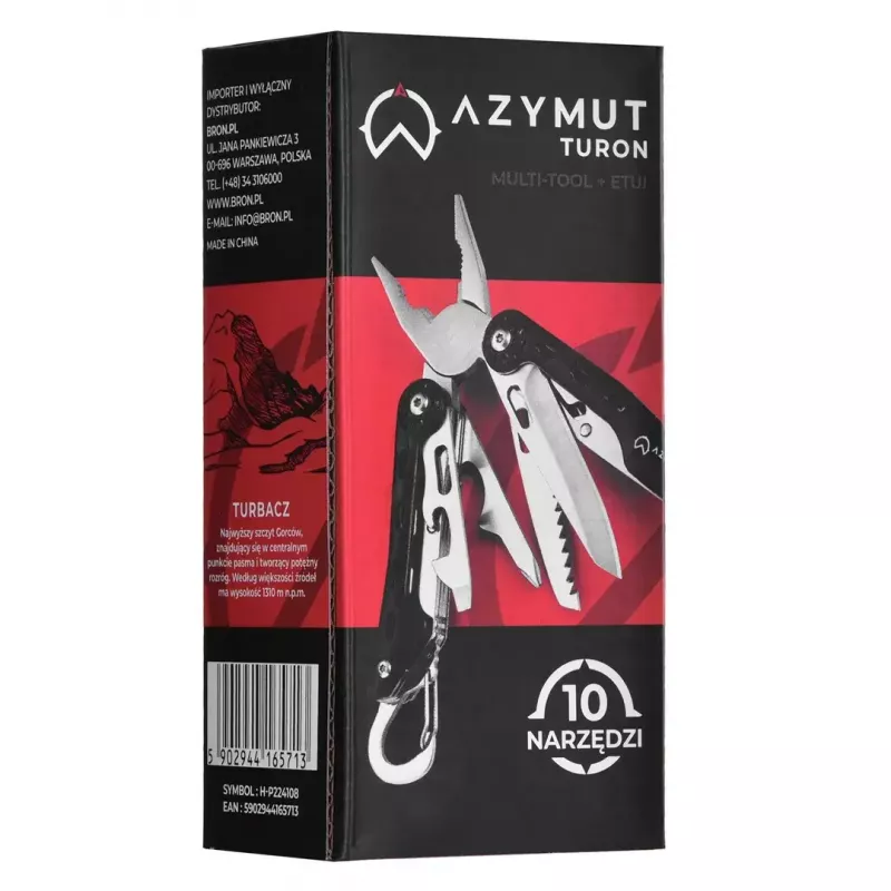 Multitool AZYMUT Turon 10-tools carabiner H-P224108 — stainless steel 420, 10 functions, folded 11 cm, weight 224 g, leather holster