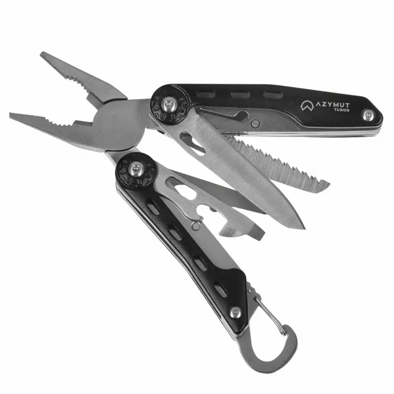 Multitool AZYMUT Turon 10-tools carabiner H-P224108 — stainless steel 420, 10 functions, folded 11 cm, weight 224 g, leather holster