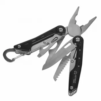 Multitool AZYMUT Turon 10-tools carabiner H-P224108 — stainless steel 420, 10 functions, folded 11 cm, weight 224 g, leather holster