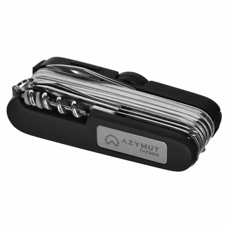 Pocket knife AZYMUT Tatron multifunctional folding knife 25 tools, stainless steel, 9 cm folded, 200 g, leather holster
