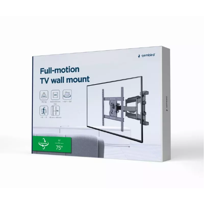 Wall TV mount Gembird WM-75ST-01 for 32 inch–75 inch screens, VESA 600x400, 45.5 kg, adjustable 4.9–49.1 cm, tilt -5°–8°