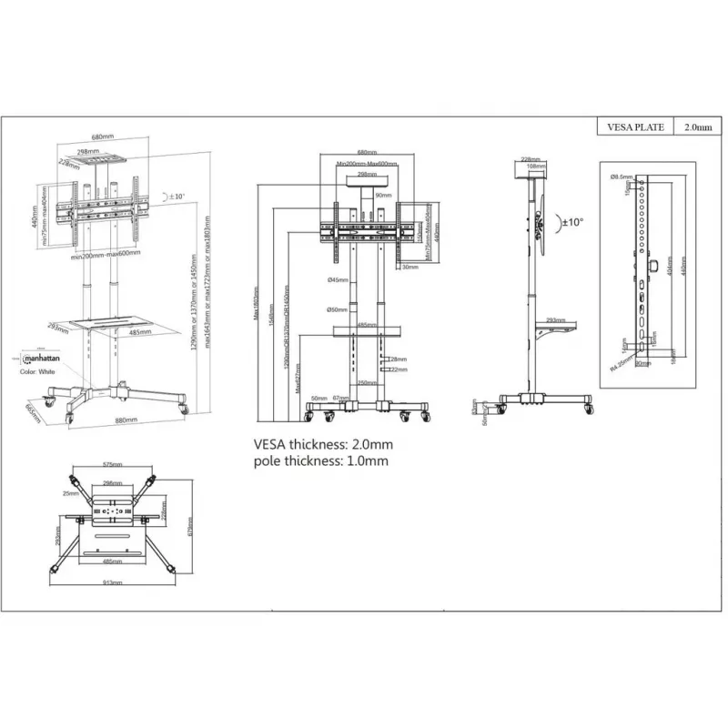 Floor TV & Monitor Mount Trolley Stand MANHATTAN 461238, mobile, black, height 1803 mm, VESA 200x200–600x400, max 50 kg