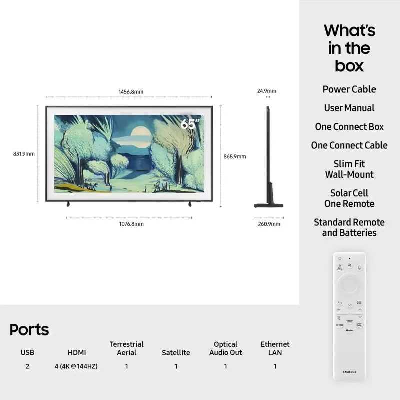 Television Samsung QE65LS03FAUXXH 65 inch The Frame QLED 4K HDR Smart TV, 3840×2160, Tizen, 120Hz