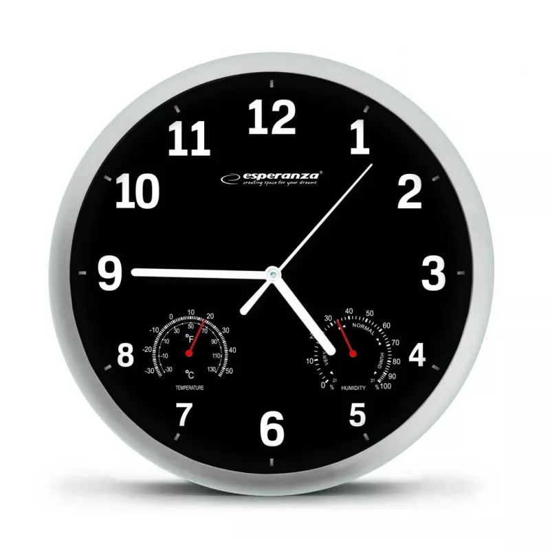 Wall clock ESPERANZA EHC016K Lyon Black, 25 cm diameter, silent movement, glass cover, plastic frame