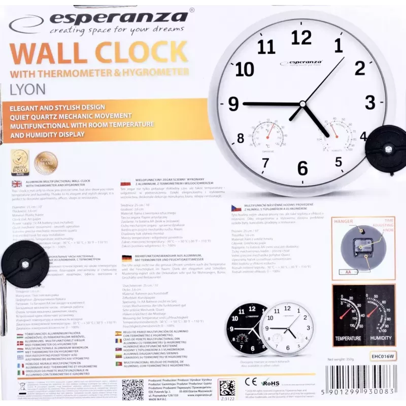 Wall clock ESPERANZA EHC016K Lyon Black, 25 cm diameter, silent movement, glass cover, plastic frame