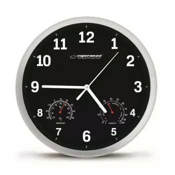 Wall clock ESPERANZA EHC016K Lyon Black, 25 cm diameter, silent movement, glass cover, plastic frame