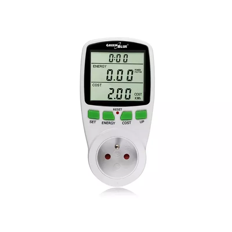 Wattmeter GreenBlue GB202 power meter 0–9999 W, 3600 W max, 220–240 V, 16 A, LCD display