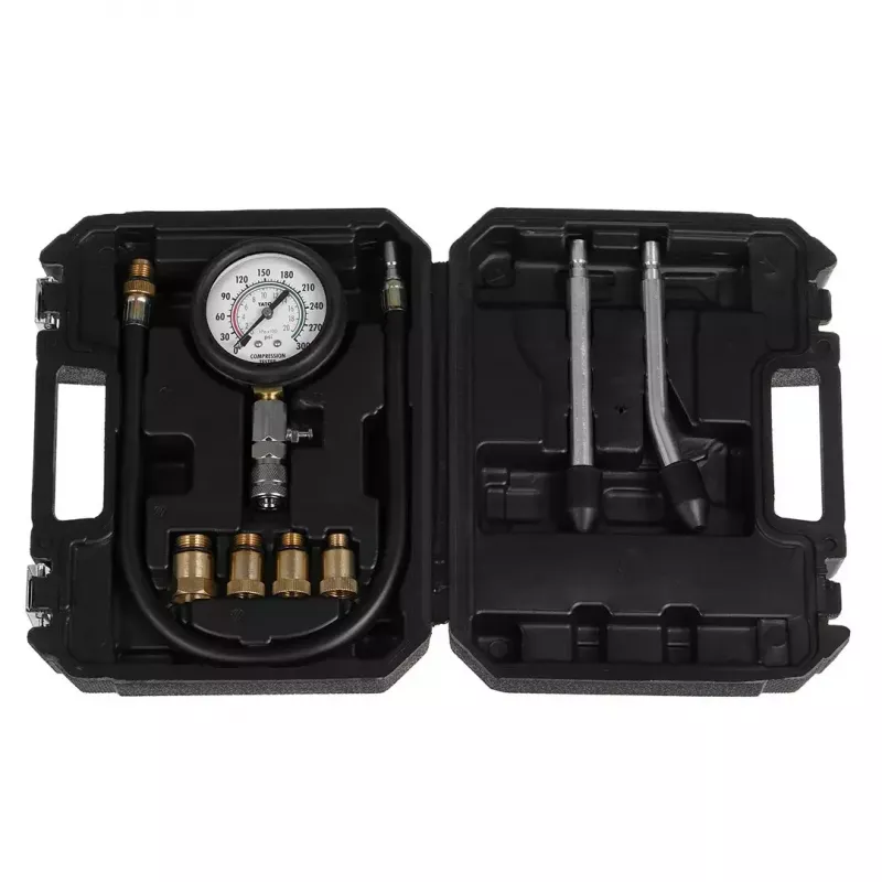Analog manometer YATO YT-73022 0–20 bar, 75 mm dial, carbon steel, 0.5 m hose, 4 brass adapters, carry case