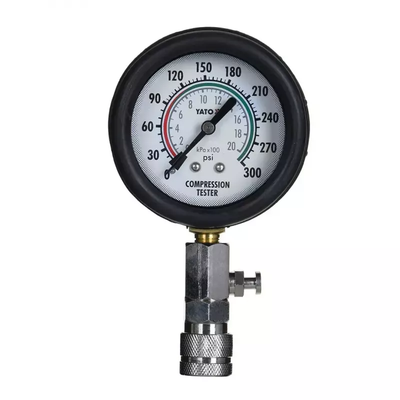 Analog manometer YATO YT-73022 0–20 bar, 75 mm dial, carbon steel, 0.5 m hose, 4 brass adapters, carry case