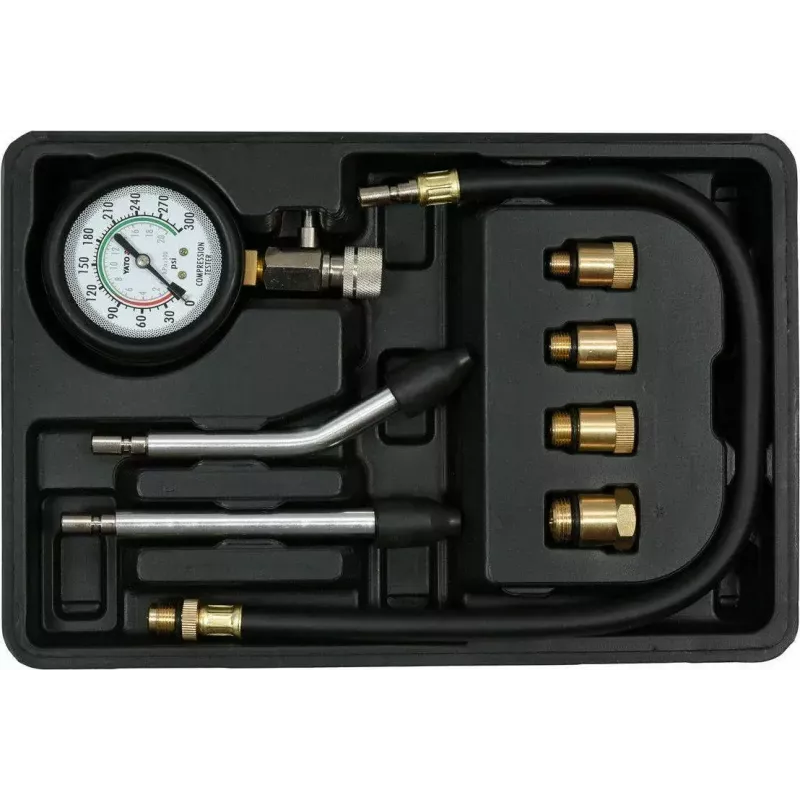 Analog manometer YATO YT-73022 0–20 bar, 75 mm dial, carbon steel, 0.5 m hose, 4 brass adapters, carry case