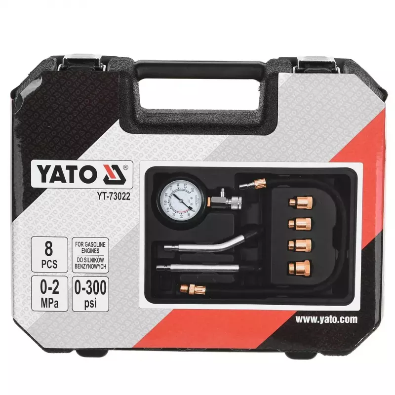 Analog manometer YATO YT-73022 0–20 bar, 75 mm dial, carbon steel, 0.5 m hose, 4 brass adapters, carry case