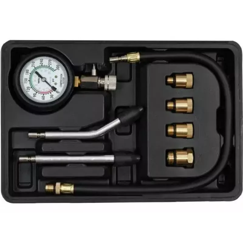 Analog manometer YATO YT-73022 0–20 bar, 75 mm dial, carbon steel, 0.5 m hose, 4 brass adapters, carry case