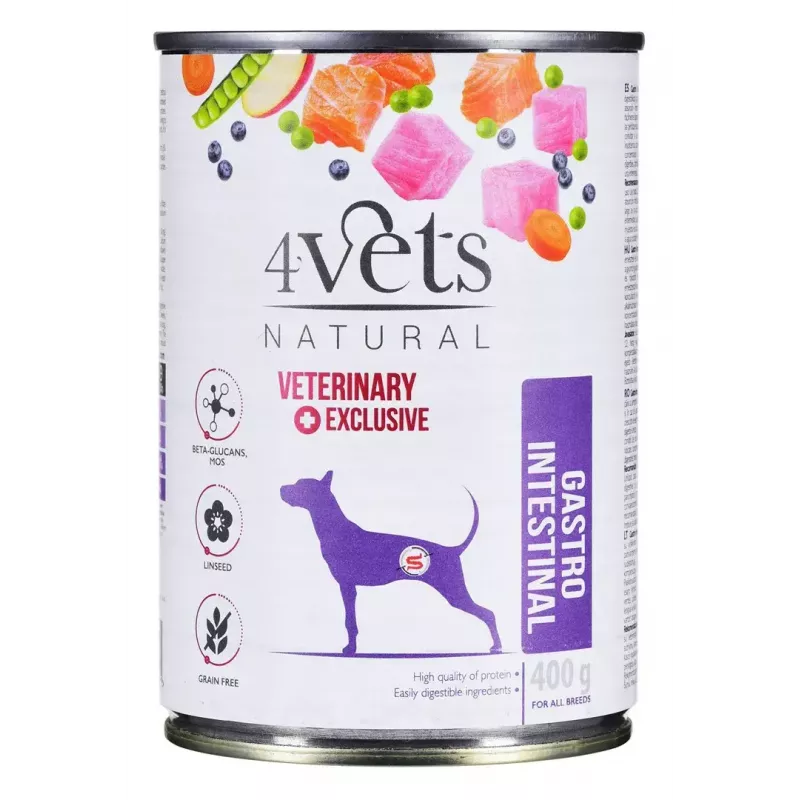 Wet dog food 4vets Natural Gastro Intestinal 400 g — therapeutic wet diet for digestive support, turkey, 7.5% protein, 5.5% fat, gluten- and lactose-free