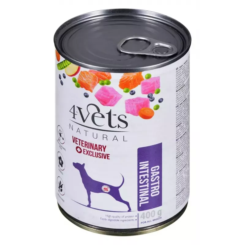 Wet dog food 4vets Natural Gastro Intestinal 400 g — therapeutic wet diet for digestive support, turkey, 7.5% protein, 5.5% fat, gluten- and lactose-free