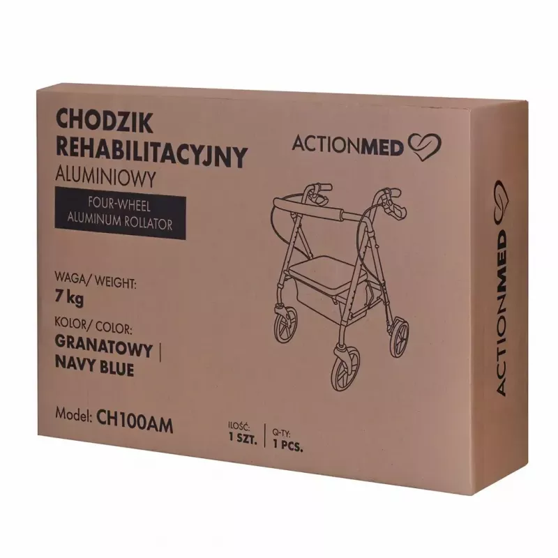 Rehabilitation walker ActionMed CH100AM — lightweight aluminium 4-wheel, adjustable height 700–937 mm, seat 35×32 cm, max load 136 kg, foldable