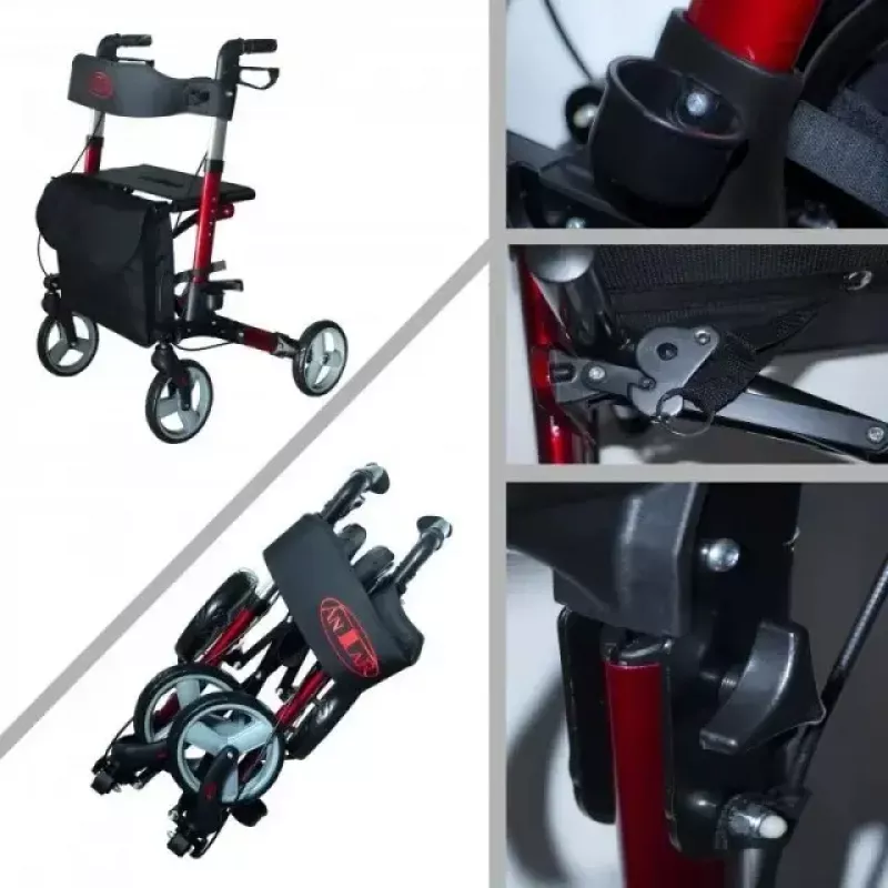 Four-wheel aluminium walker ANTAR AT51006, foldable, adjustable height, 20 cm wheels, max load 136 kg, seat 25×46 cm, weight 7.35 kg