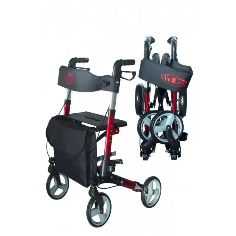 Four-wheel aluminium walker ANTAR AT51006, foldable, adjustable height, 20 cm wheels, max load 136 kg, seat 25×46 cm, weight 7.35 kg
