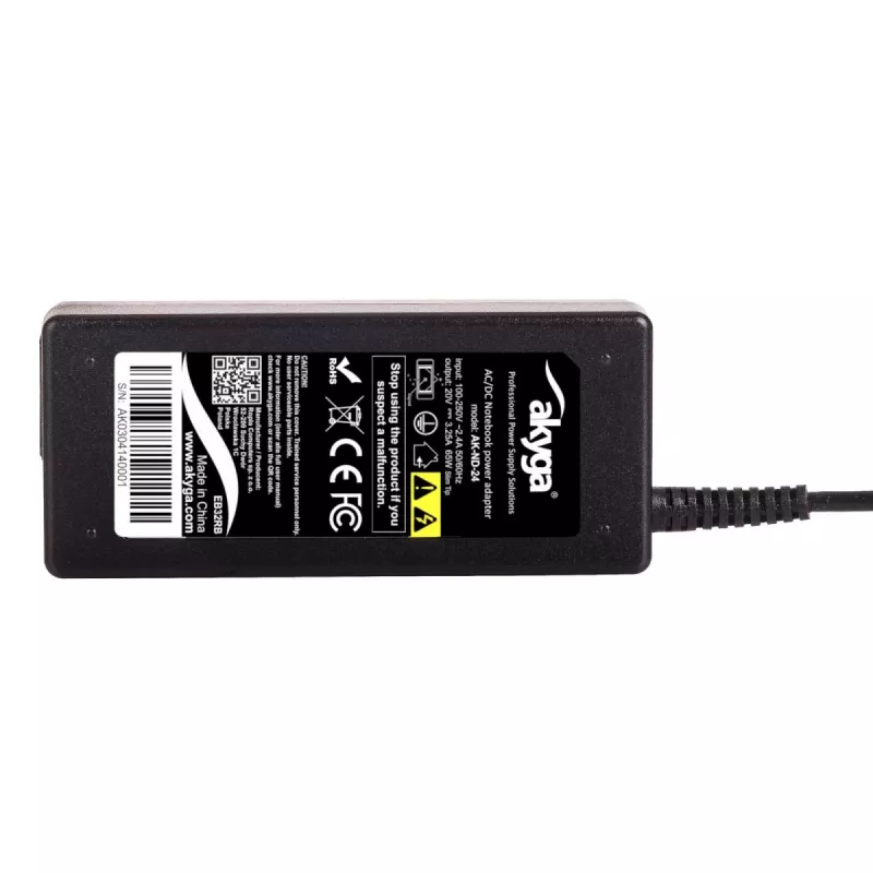 Power adapter/inverter Akyga AK-ND-24 65 W Indoor, input 100–250 V, ABS housing, 1.2 m cable, black