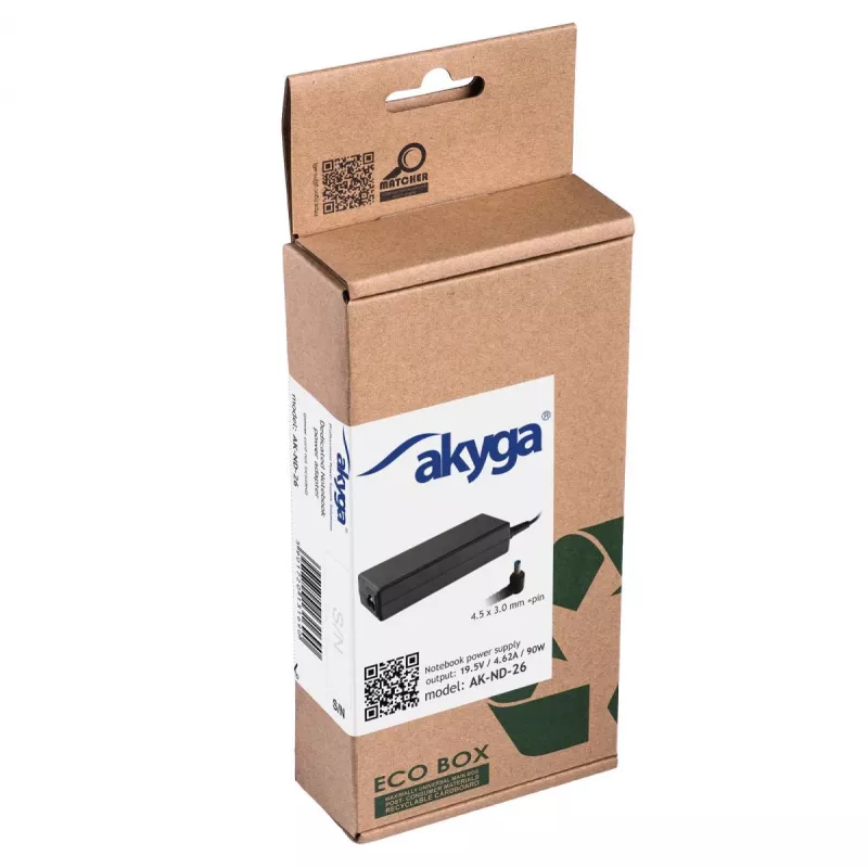 Power adapter Akyga AK-ND-26 for laptops, 90W, 19.5V, 4.62A, AC-to-DC, black