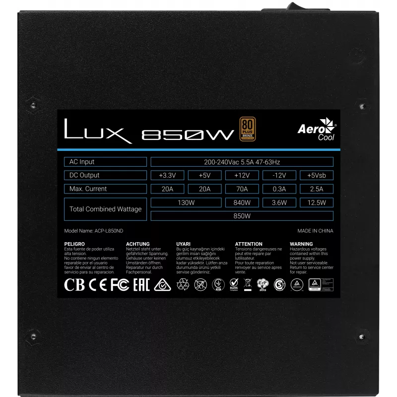 Aerocool LUX850 PC Power Supply 850W 80 Plus Bronze 230V 88% Efficiency Black