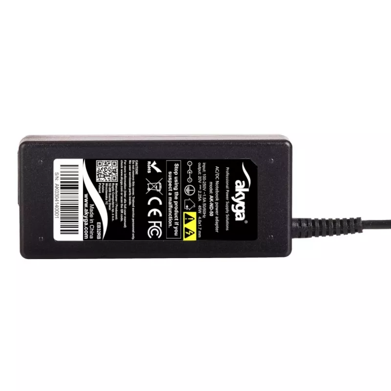 Akyga power adapter AK-ND-50 for laptops, 20 V 2.25 A 45 W, connector 4.0×1.7 mm, 1.2 m cable, black
