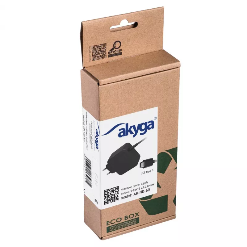 Power adapter Akyga AK-ND-60, universal 45 W, input 100–250 V, black, 0.183 kg