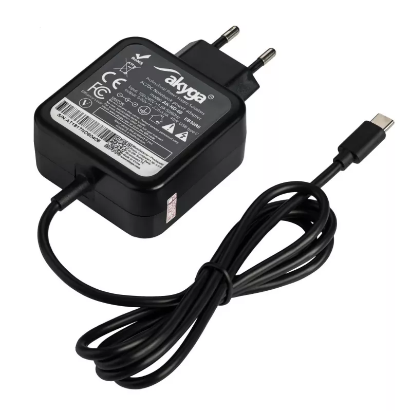 Power adapter Akyga AK-ND-60, universal 45 W, input 100–250 V, black, 0.183 kg