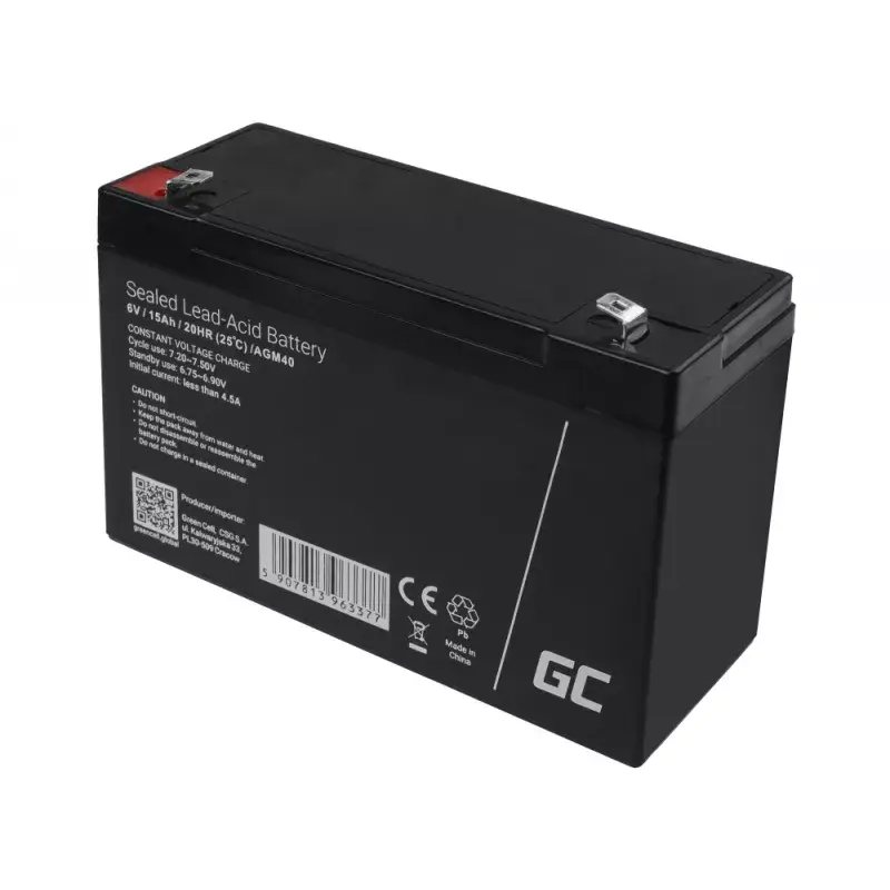 UPS battery Green Cell AGM40 — VRLA AGM 6V 14Ah, sealed lead‑acid, 94×50×151 mm, 1.8 kg