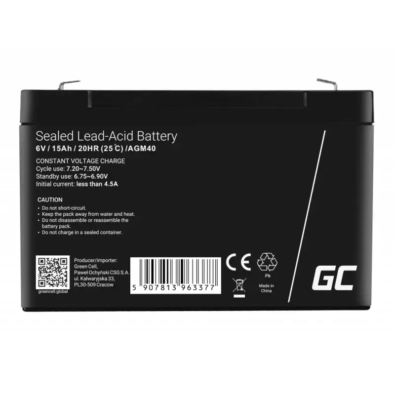 UPS battery Green Cell AGM40 — VRLA AGM 6V 14Ah, sealed lead‑acid, 94×50×151 mm, 1.8 kg