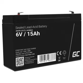 UPS battery Green Cell AGM40 — VRLA AGM 6V 14Ah, sealed lead‑acid, 94×50×151 mm, 1.8 kg