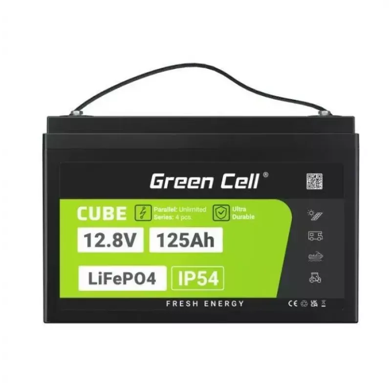 LiFePO4 battery Green Cell 12.8V 125Ah — 125 Ah, 12.8 V, 150 A max discharge, 13.5 kg, 340×180×225 mm