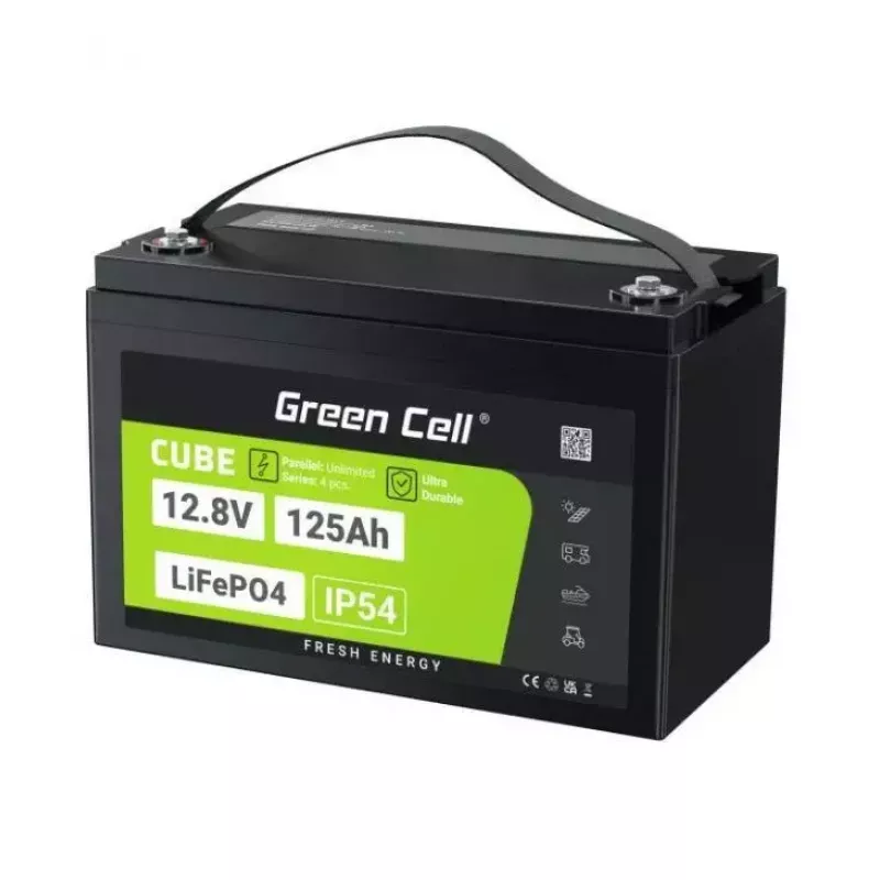 LiFePO4 battery Green Cell 12.8V 125Ah — 125 Ah, 12.8 V, 150 A max discharge, 13.5 kg, 340×180×225 mm